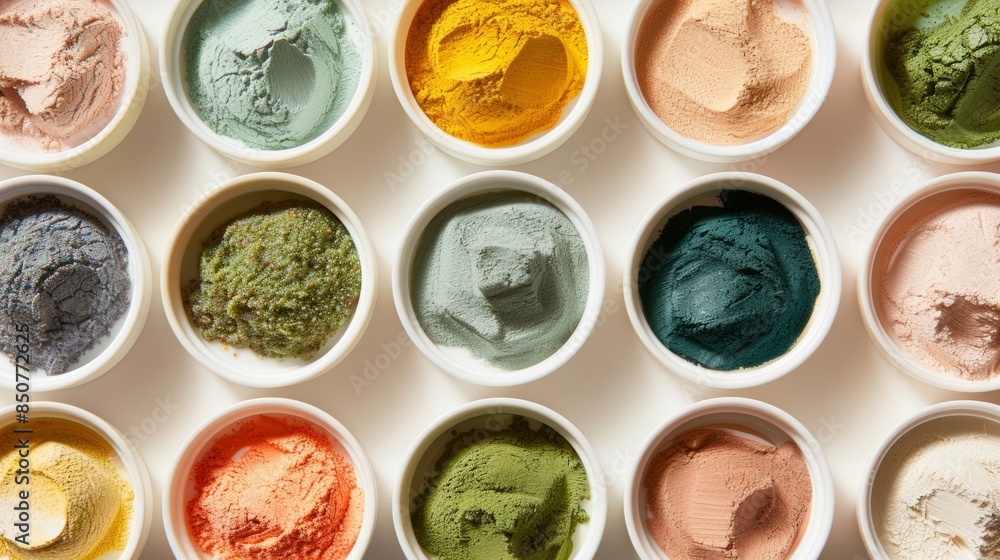 Aufkleber an array of colorful clay masks each formulated with different natural ingredients to target specifi
