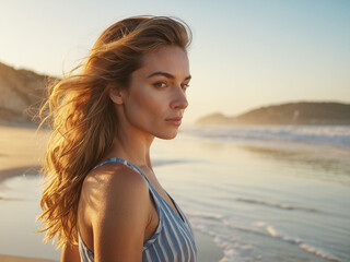 Naklejka premium Portrait photo of a gorgeous woman on the beach at sunset
