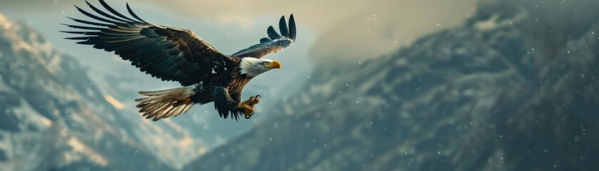 Obraz premium Majestic eagle soaring over mountains with wings spread wide, showcasing freedom and strength in a captivating nature scene.
