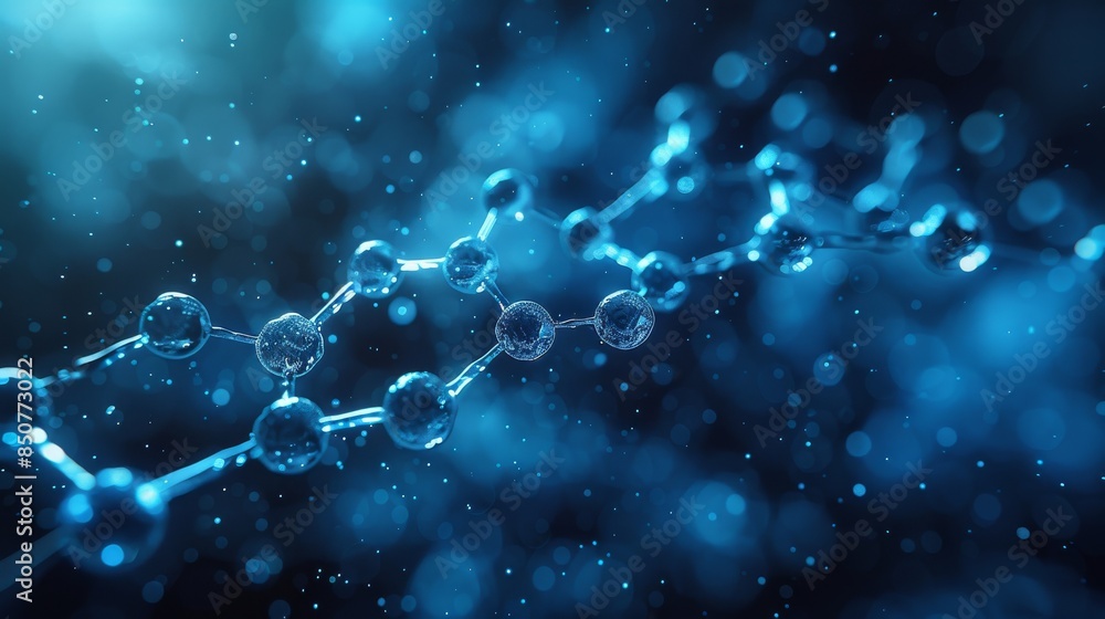 Poster digital illustration of a blue molecular structure on a dark background with bokeh effects
