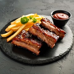 Grilled pork ribs with fries and BBQ sauce