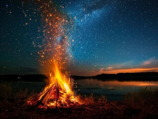 Huge bonfire at night on the shore, behind it a beautiful pond reflecting the starry sky, summer solstice holiday, sparks flying upwards