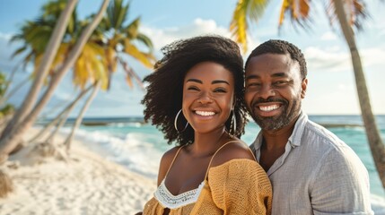 smiling african american couple embracing each other on the beach
