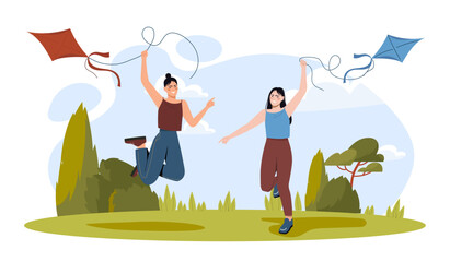 Women with flying kite. Young girls with red and blue kite run in nature. Active lifestyle and leisure. Friends spending time together. Cartoon flat vector illustration isolated on white background