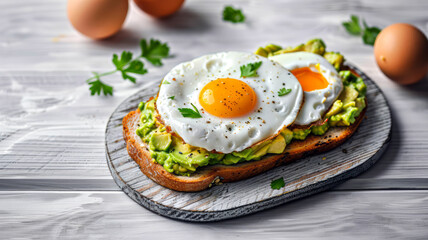 Avocado toast with fried egg on wooden table, garnished with parsley, showcasing a healthy breakfast