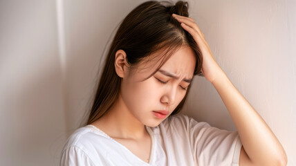 Naklejka premium Dizzy Asian young woman with headache, leaning against the wall, showing discomfort and pain