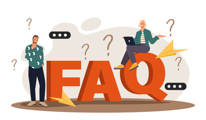 Obraz premium Frequently asked questions. Man and woman looking for answers to questions. Customer consultation and technical support. Online guidebook and manual. Cartoon flat vector illustration