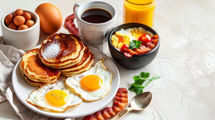 Full American breakfast on white table, featuring fried eggs, bacon, pancakes, coffee, and orange juice