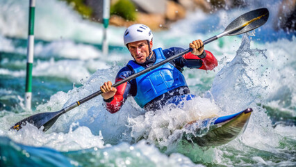 Naklejka premium Intense kayak slalom athlete navigating through turbulent waters during a competition, showing determination and skill