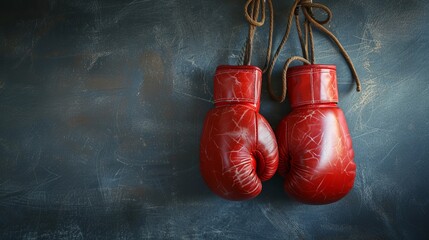 A pair of vintage red boxing gloves hanging against a dark textured background, symbolizing sportsmanship, history, and endurance.