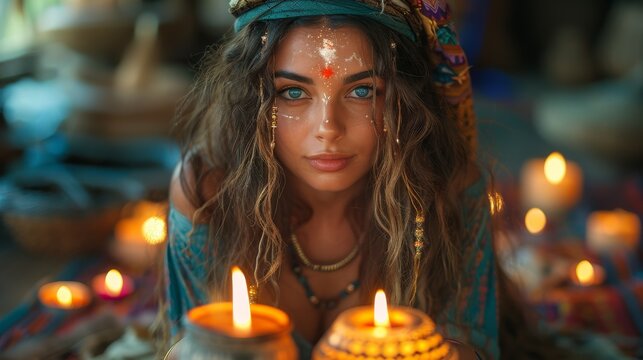 Mystically adorned woman with a captivating gaze surrounded by dimly lit candles and boho decor