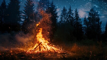 Huge bonfire in the woods at night, summer solstice festival, sparks flying upward, starry sky