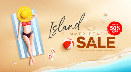 Woman sunbathing on sand beach, summer sale banner design background, Eps 10 vector illustration
