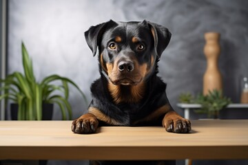 Portrait of a funny rottweiler while standing against modern minimalist interior