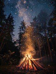 Huge bonfire in the woods at night, summer solstice festival, sparks flying upward, starry sky