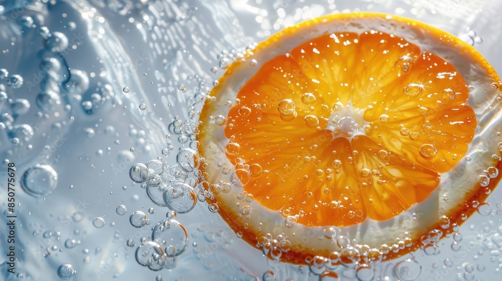 Aufkleber close up of a vibrant orange slice on a white backdrop submerged in sparkling water macro shot in a 
