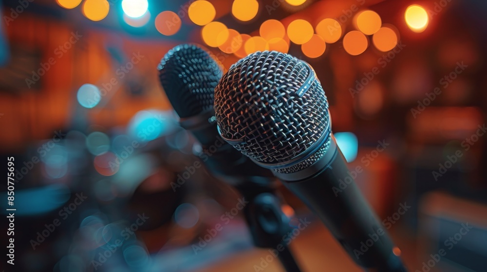 Poster two stage microphones up close with a dynamic depth of field and a blurred stage background implies 