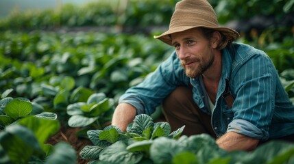A focused farmer with his face obscured is meticulously inspecting tobacco plants in a lush green field, wearing a hat for sun protection