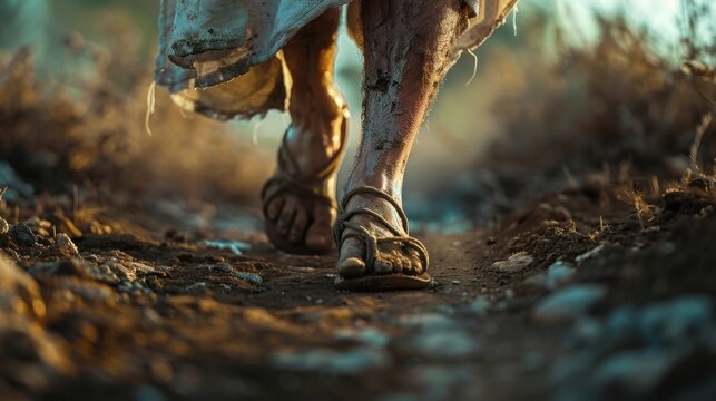 Close-Up of Jesus' Feet Walking on Dirt Path

