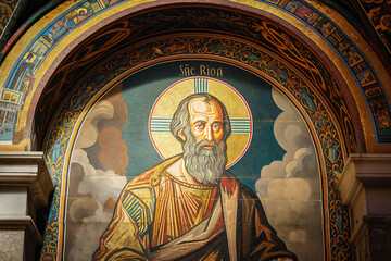 Fototapeta premium A mosaic of Saint Paul, adorning the apse of a cathedral or basilica, with vivid colors and geometric patterns, depicting his martyrdom and legacy as an apostle to the Gentiles