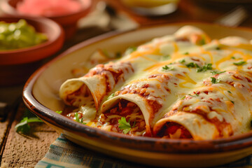 A plate of enchiladas with cheese and meat