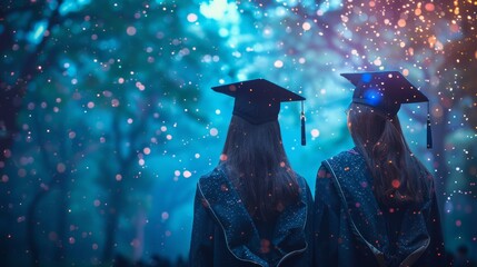 Two graduates share a special moment under a starry night sky, embodying hope and dreams