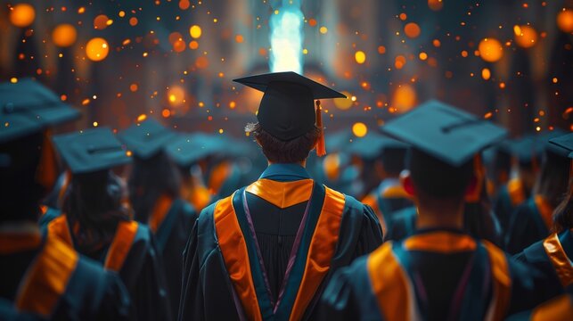 A sea of graduates in caps and gowns during a graduation ceremony with caps mid-air