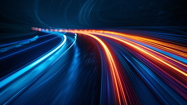 Modern abstract high-speed movement. Dynamic motion light trails on dark blue background. Futuristic, technology pattern for banner or poster design background concept