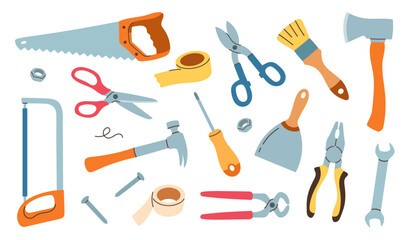 Set of construction tools on a white background. Cartoon hand-drawn style