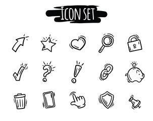 Black and white set of hand drawn icons of communication, business, social media. Vector elements for website, design