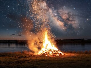 Huge bonfire on the river bank at night, summer solstice festival, sparks flying upwards, starry sky 