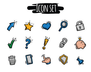 Set of colored, hand drawn icons related to communication, social media. Vector elements for website, design