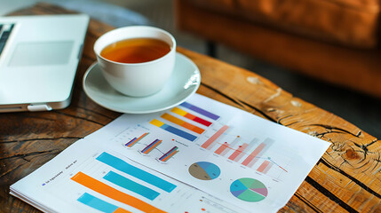Coffee and business chart, wallpaper, relaxing in business analysis with the aroma of coffee