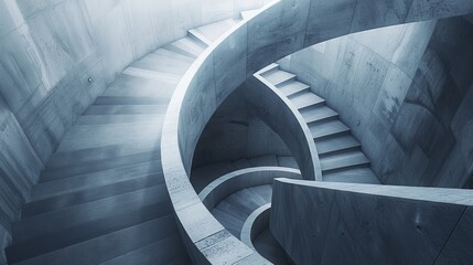Fototapeta premium Spiral staircases in modern architecture featuring minimalist design, abstract patterns, and clean lines in monochromatic tones.