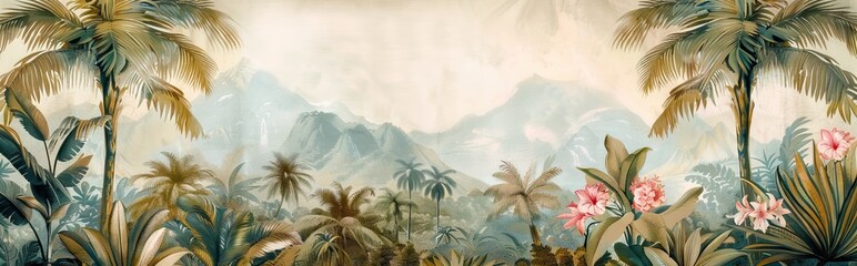 Tropical forest landscape wallpaper design - Mural wallpaper - 3D illustration. AI generated illustration