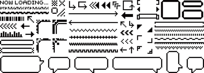 サイバーパンクなドット絵のフレームと装飾セット　ブラック