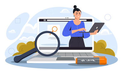 Magnifying glass on computer. Woman looking for information on Internet. Young girl with laptop in her hand. Online user looking for guides and answers. Cartoon flat vector illustration