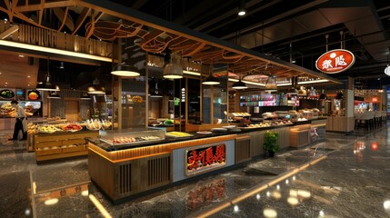 trendy food court with a variety of international cuisines and bustling food counters AI generated