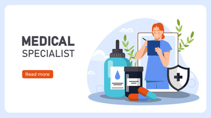 Medical specialist poster. Woman with medicines and tablet. Doctor writes prescription. Healthcare and medicine, treatment. Landing webpage design. Cartoon flat vector illustration