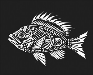 Black fish silhouette with graphic pattern. sea animals themed tattoo design. Print for clothes. stylized shape silhouette fish logo.