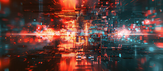 Obraz premium Digital glitch effect on a vibrant multicolored background, representing a modern and edgy concept. Intense cyber data stream in motion with glitches, glitch art with lens noise and dust