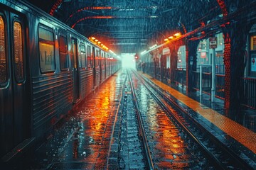 A nighttime city subway platform scene with rain, wet surfaces, and an approaching train