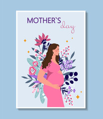 Mothers day poster. Pregnant woman stands next to tropical plants. Motherhood and childhood. International holiday and festival 11 May. Cartoon flat vector illustration isolated on blue background