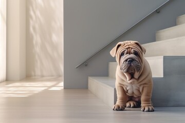 Portrait of a funny chinese shar pei dog isolated on modern minimalist interior
