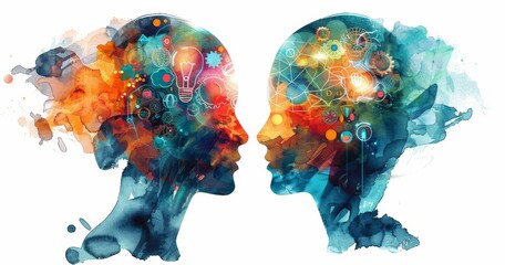 Two heads facing each other, one head with gears and light bulbs inside; colorful illustration of creative thinking concept on a white background vector. An illustration of a double exposure concept