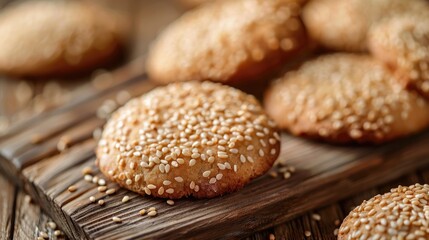 Sesame seed cookies on a wooden surface Sweet treats with sesame seeds High calorie sesame cookies