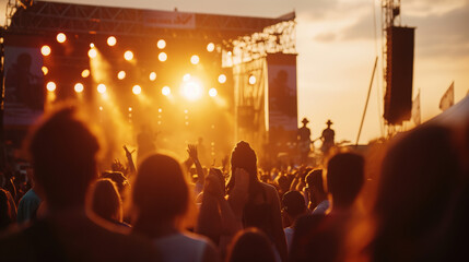 Summer music festival at sunset with crowd enjoying the performance