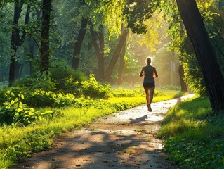 Fototapeta premium A young woman is running on a forest trail