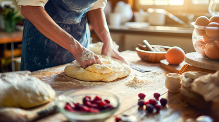 Hands kneading dough in a rustic kitchen with fresh ingredients around