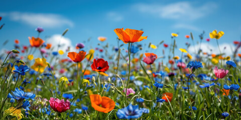 Obraz premium Vibrant Wildflower Meadow in Full Bloom Under a Clear Blue Sky
